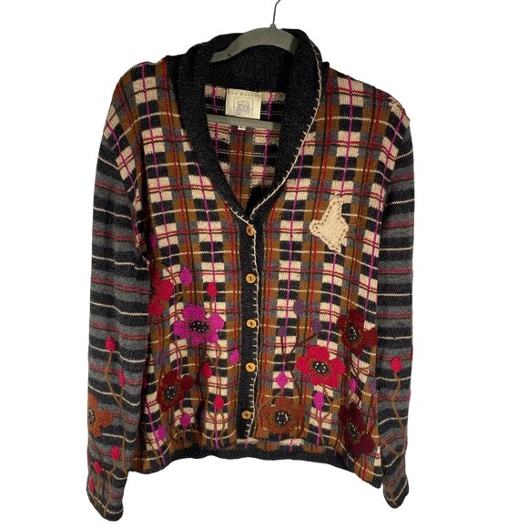Nan Hadden Woolies Handknits embroidery Floral Plaid Cardigan Sweater W/chick L - Picture 2 of 9